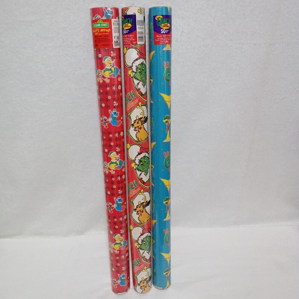 Vintage Christmas Gift Wrapping Rolls Set of 3 Grinch Sesame Street Made in USA